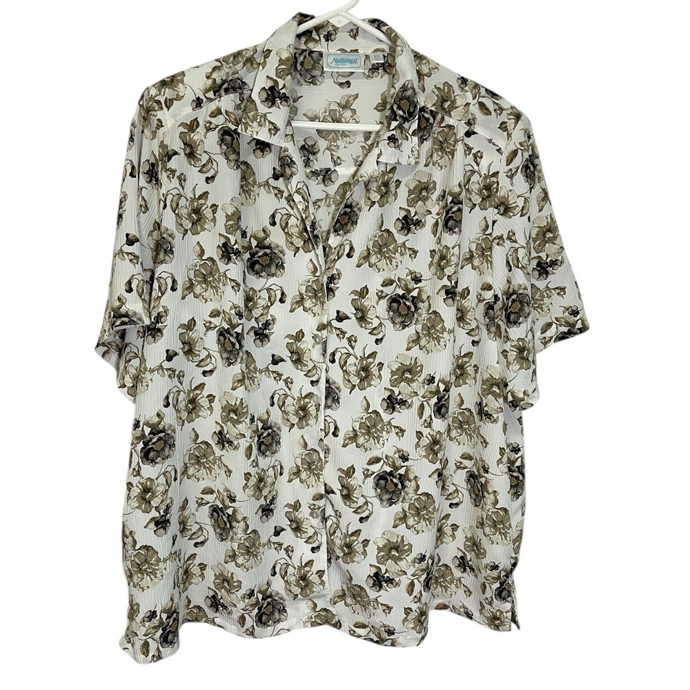 National 3X White Brown Floral Button Shirt Short Sleeve Cottagecore Vintage